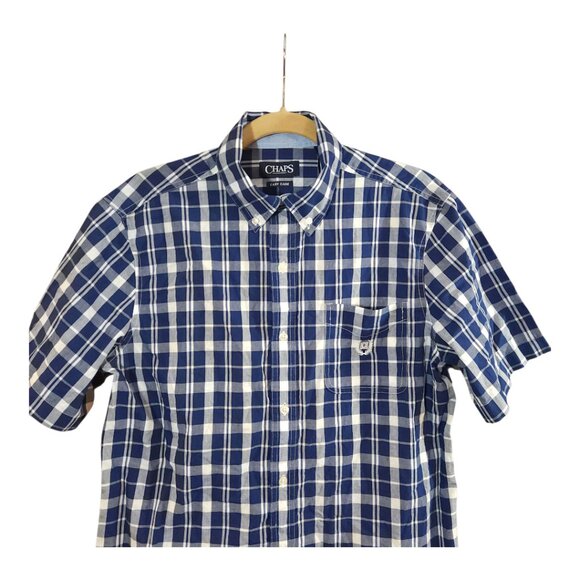 Chaps Easy Care Short Sleeve Plaid Button-front Shirt in Blue & White Men's M - Picture 2 of 6